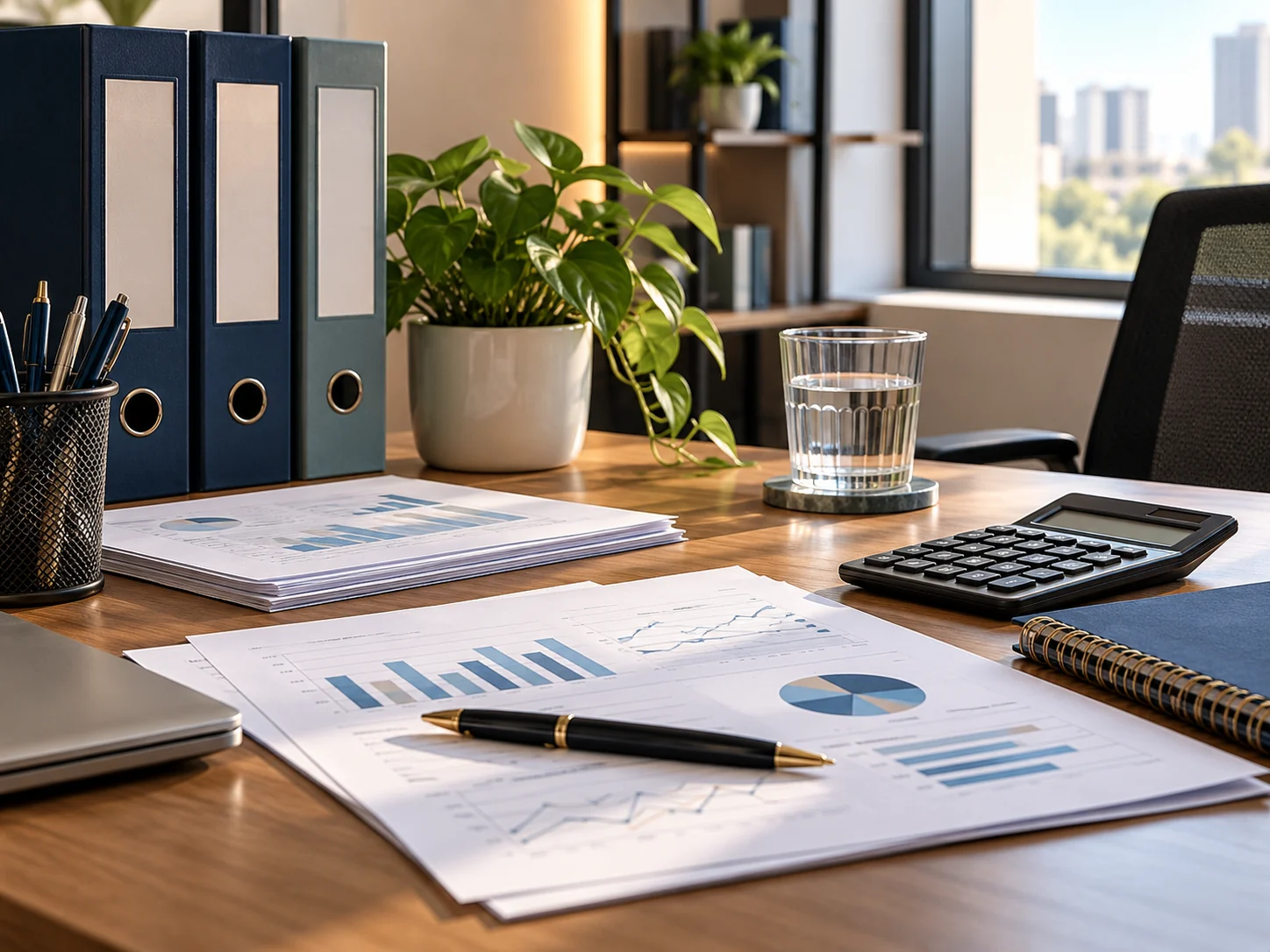 Imagem ilustrativa de mesa de trabalho com pastas e materiais contábeis